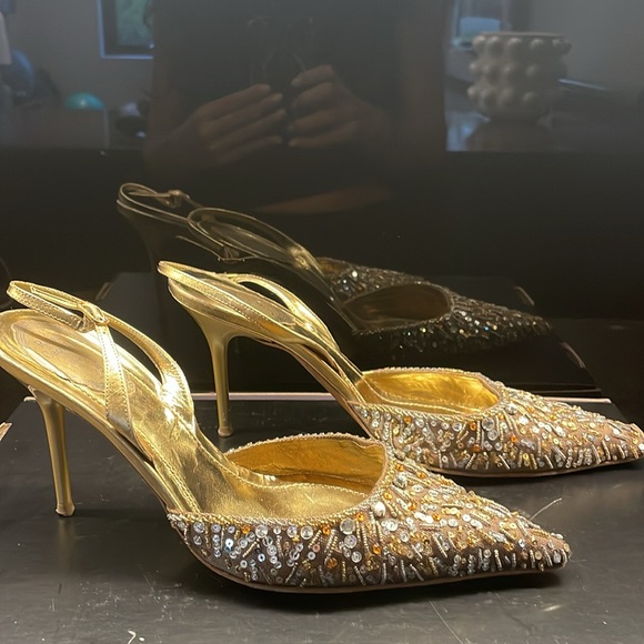 Rene Coavilla bronze beaded/sequence slingback with bronze leather strap - Picture 2 of 8